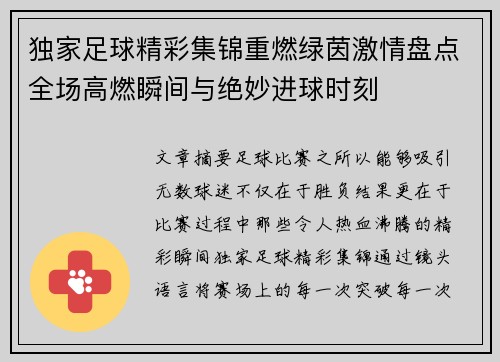 独家足球精彩集锦重燃绿茵激情盘点全场高燃瞬间与绝妙进球时刻